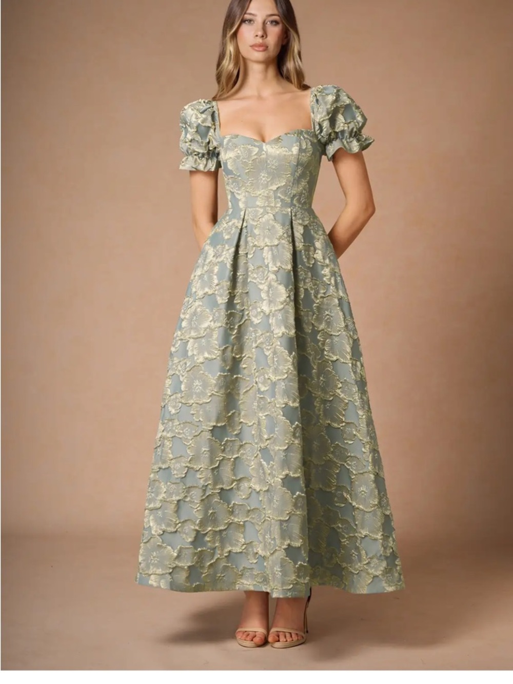 Azazie Sage light blue/green and Gold Lace Maxi Dress